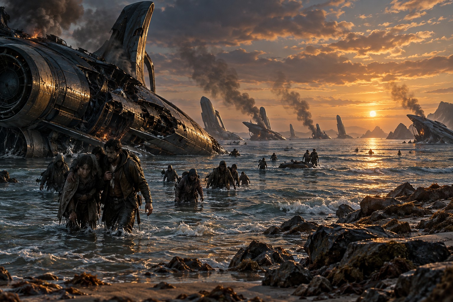Damaged expedition ships settle into a shallow sea as survivors wade toward shore.