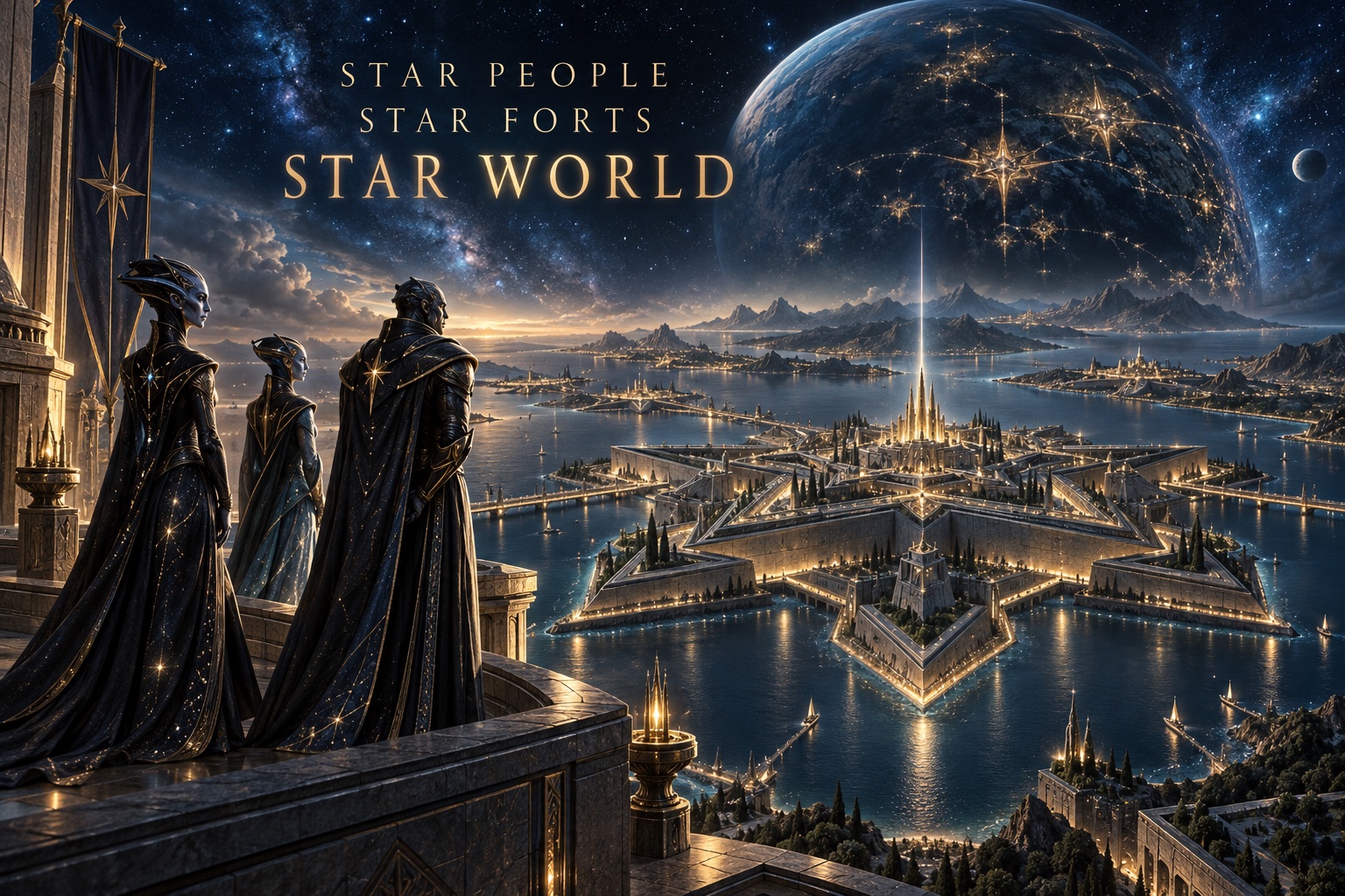 Golden star-shaped citadels rise from dark water beneath a vast planet and a sky full of stars.