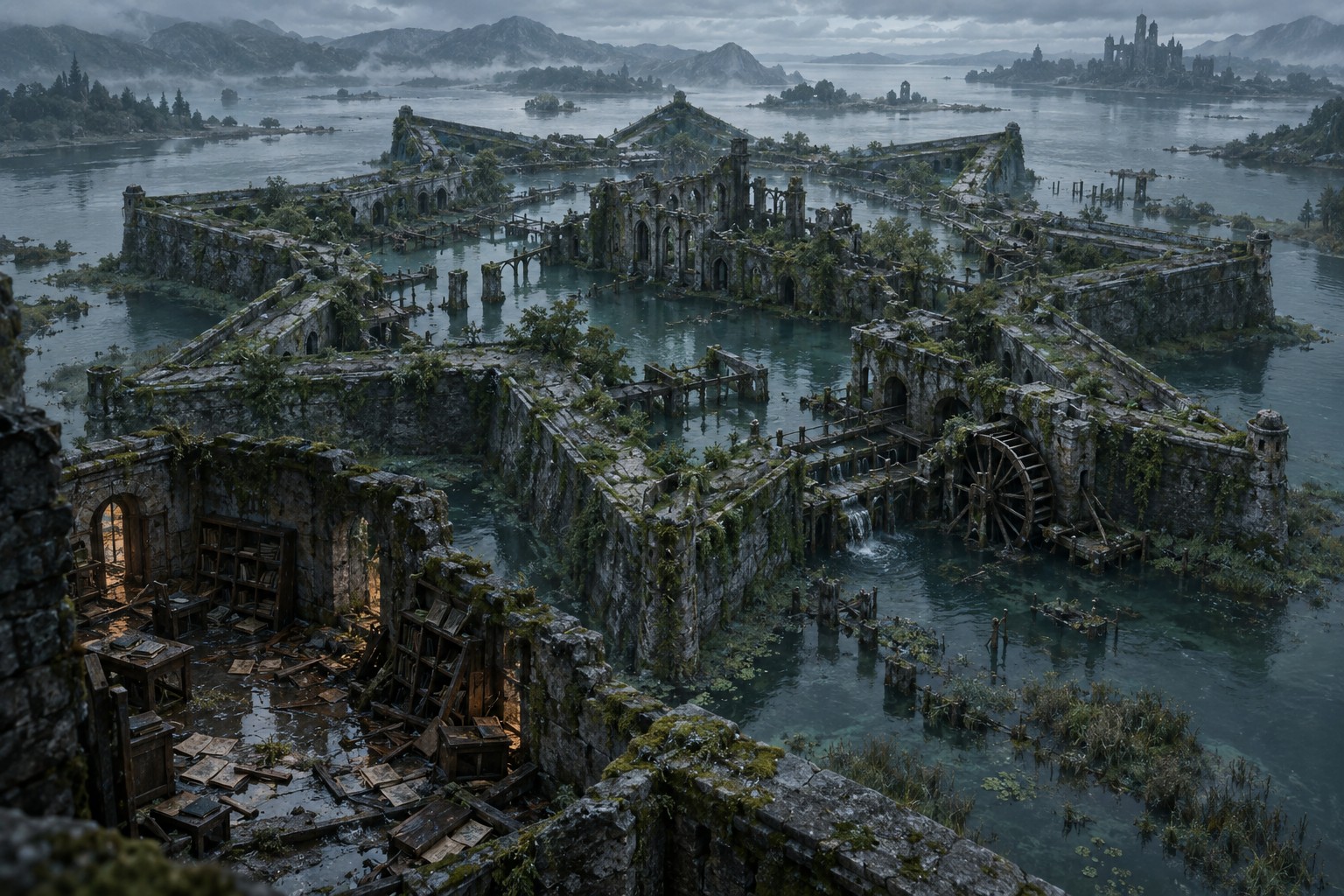 An abandoned star fort with flooded workshops, overgrown channels, and a broken waterwheel.