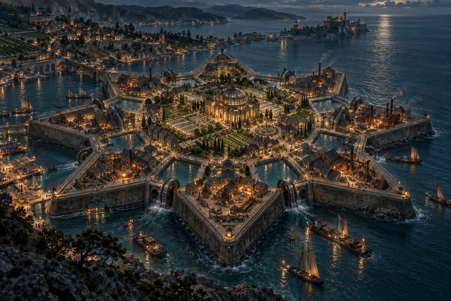 An eight-pointed coastal settlement with workshops, water channels, growing beds, and trading boats.