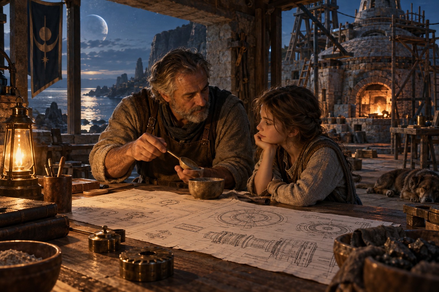 Iven teaches a child at a wooden table, using everyday objects to explain the workshops needed to rebuild an engine.