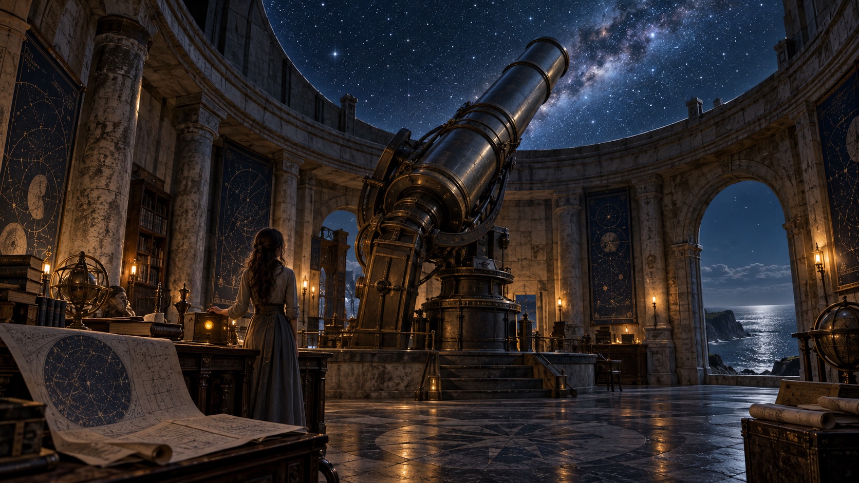 Mara stands beside an ancient receiver beneath the great telescope of the coastal observatory.