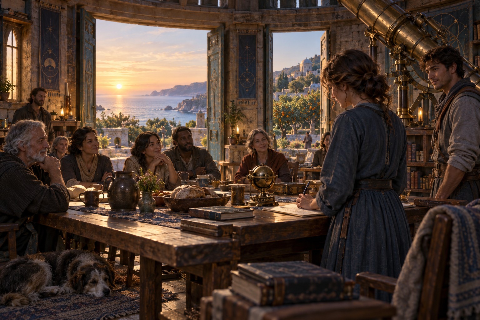 Mara and her neighbors gather around a long table in the observatory, with bread, a receiver, and morning light from the sea.